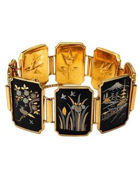 Amita Japan Damascene Bracelet Scenic Panel Inlay Gold Tone Vintage 8"